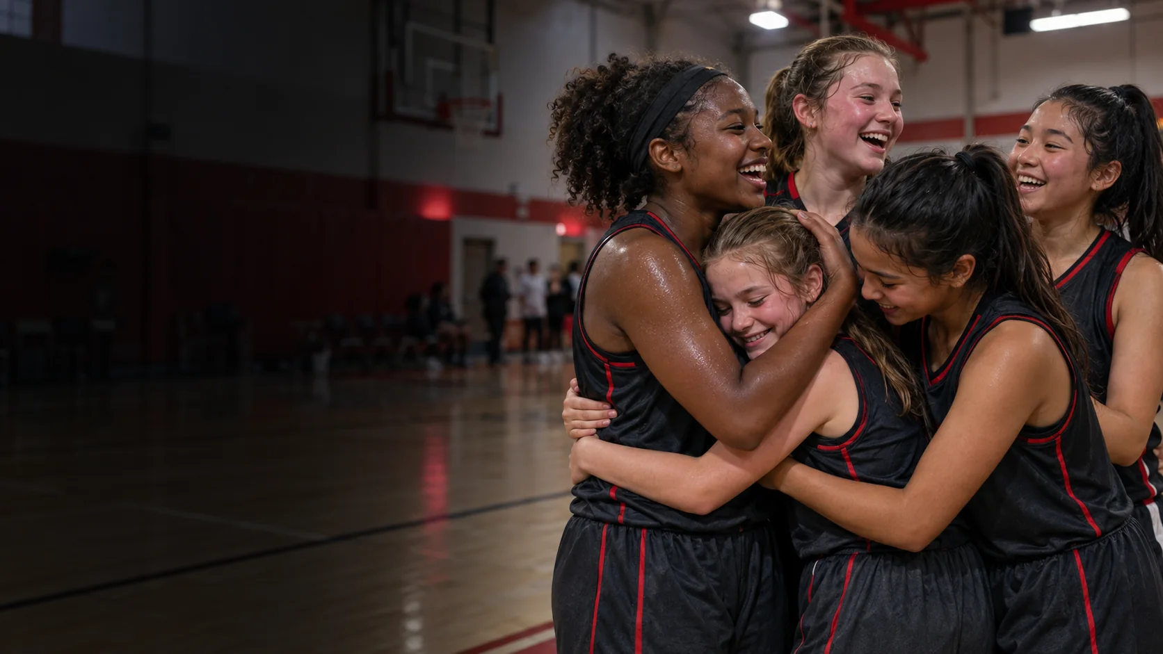 Girls basketball team hugging and celebrating on the court